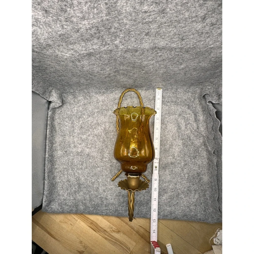 Vtg Home Interiors Gold  Metal Wall Sconce Amber Glass Hollywood Regency style